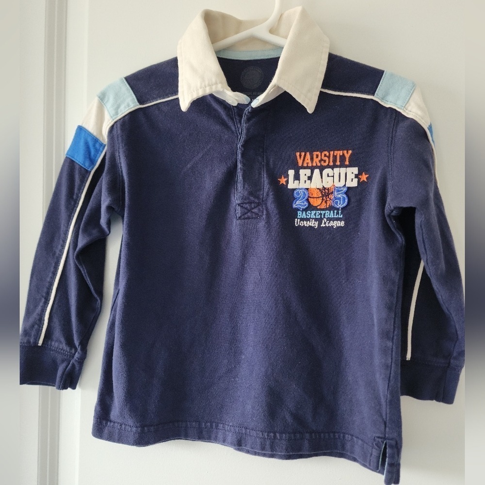 Kid's 3t Varsity League Basketball Long Sleeve Rugby Shirt Navy Blue School